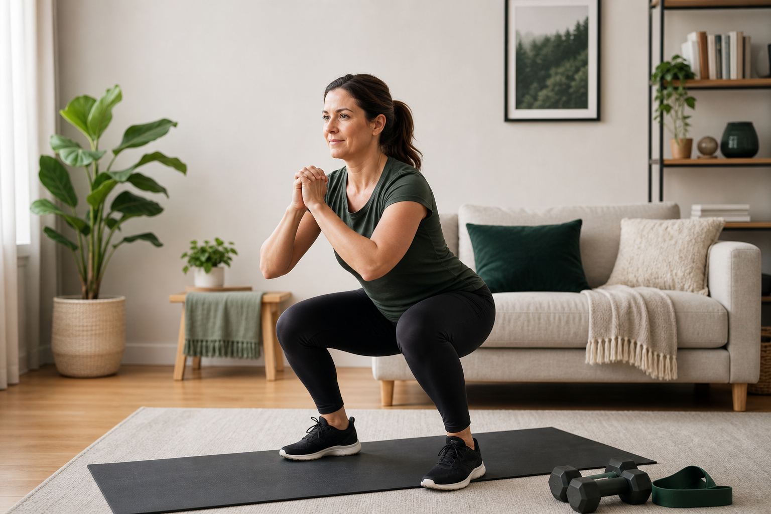 Beginner completing a bodyweight squat at home during a 28-day fitness challenge