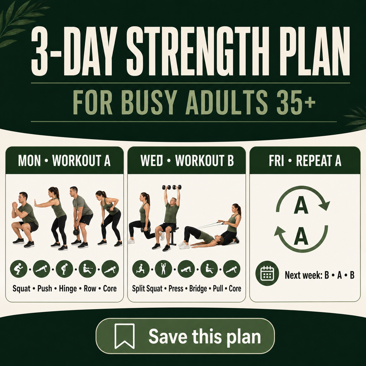 Three-day strength workout plan for busy adults over 35